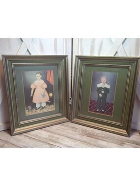 Joseph Whiting Framed and Matted Folk Art Prints of A Boy and Girl 11"X13"